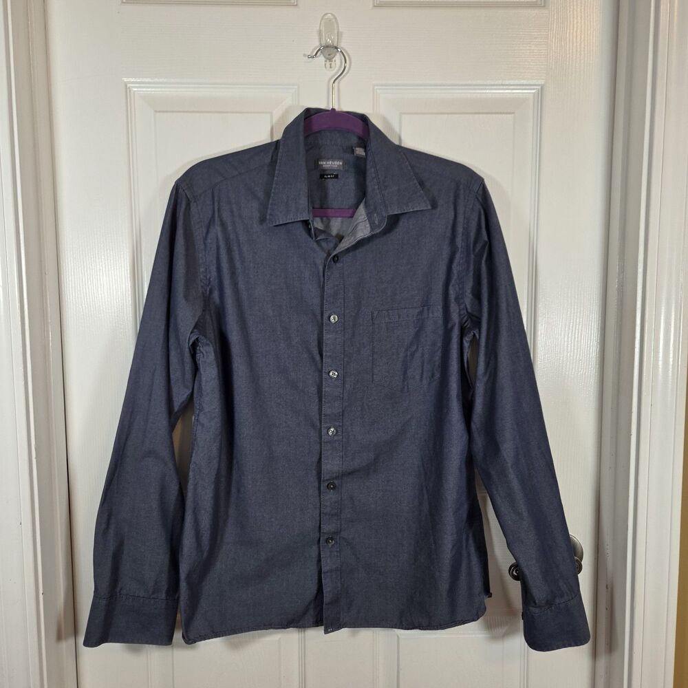 Van Heusen Mens MEDIUM Dark Chambray Never Tuck Slim Fit Buttonup LS Shirt